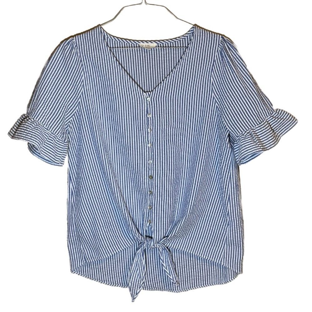 Ott Women's L Seersucker Blue White Stripe Blouse Tie Wasit V-Neck Ruffles